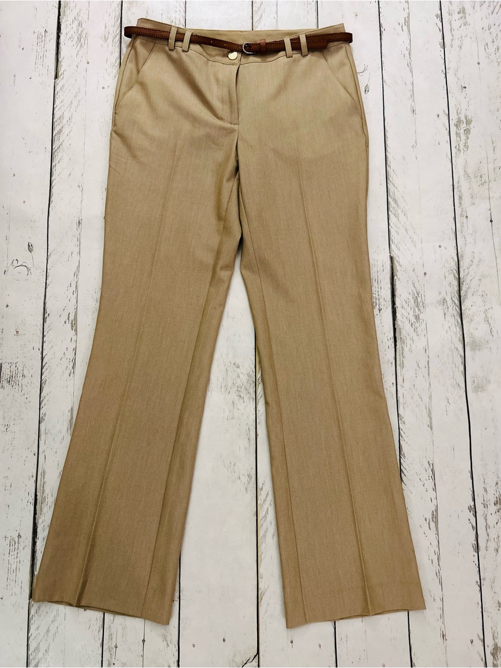 Anne Klein Women's Flare Dress Pants in Tan with Brown Belt Sz 4